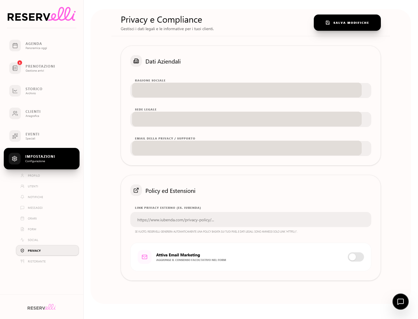 Sezione Privacy e Compliance con dati legali redatti.
