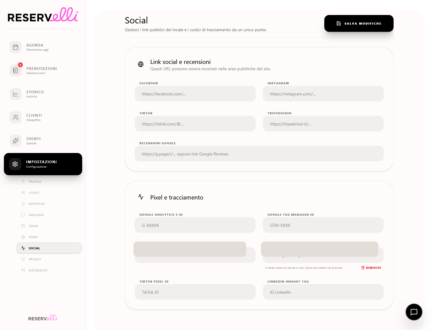 Sezione Social con link social e campi tracking redatti.